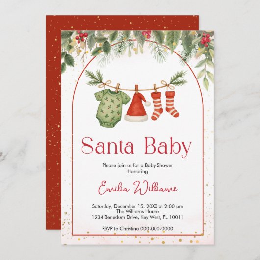 赤サンタのクリスマスクローザライン赤ちゃんシャワー 招待状 (正面/裏面)
