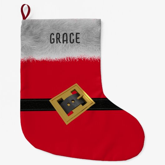 赤サンタスーツベルトモノグラムのキッズ ラージクリスマスストッキング (正面)