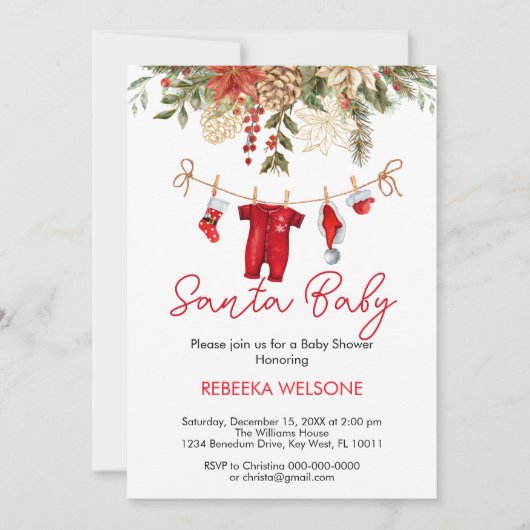 赤サンタベビークリスマスベビーシャワー 招待状 (正面)