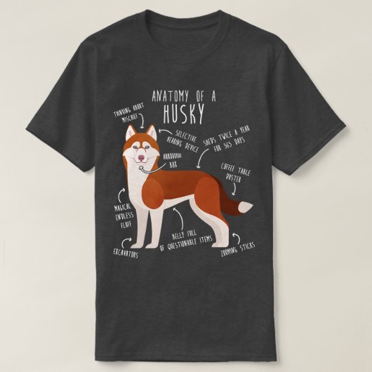 赤シベリアのハスキー犬の解剖学 Tシャツ (デザイン正面)