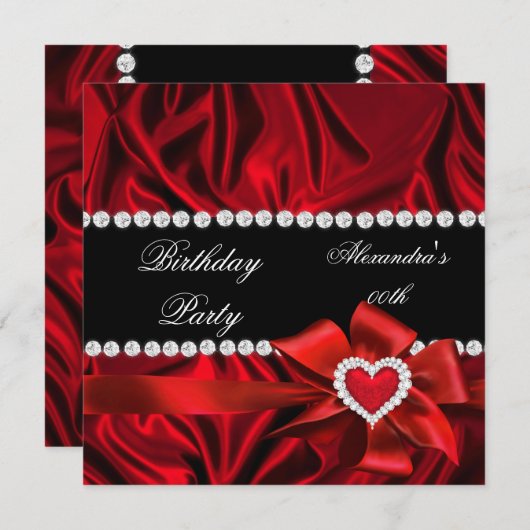 赤シルクエレガントハートボウバースデーパーティー 招待状 (正面/裏面)