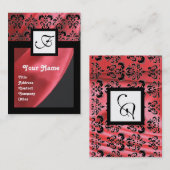 赤シルクダマスク布，正方形モノグラム 名刺 (正面/裏面)
