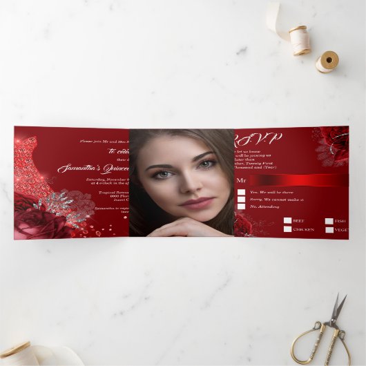 赤シルバーPHOTOフローラバラボールガウン女の子 三つ折り招待状 (内部)