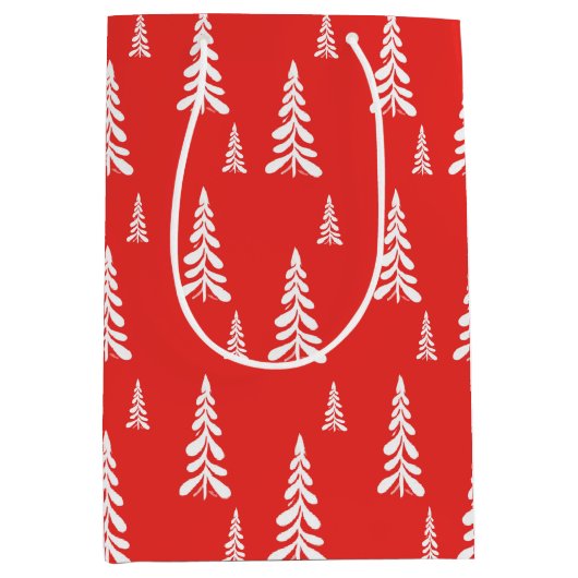 赤シンプルいクリスマスクリスマス松の木の雪のパターン ミディアムペーパーバッグ (正面)