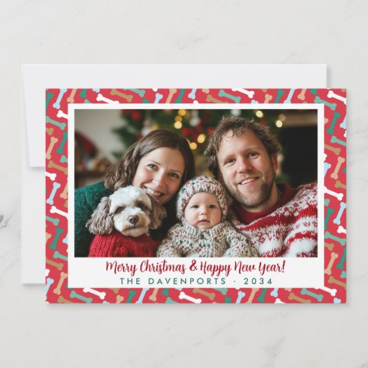 赤シンプルとティール(緑がかった色)犬の骨のパターン家族の写真 シーズンカード (正面)