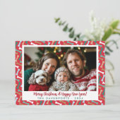 赤シンプルとティール（緑がかった色）犬の骨のパターン家族の写真 シーズンカード (スタンド正面)