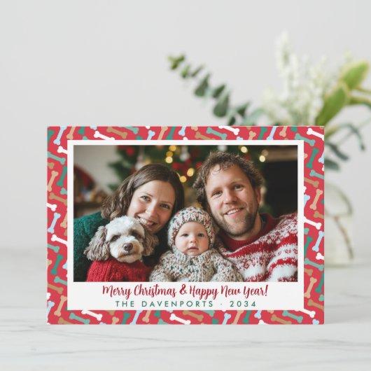 赤シンプルとティール（緑がかった色）犬の骨のパターン家族の写真 シーズンカード (スタンド正面)