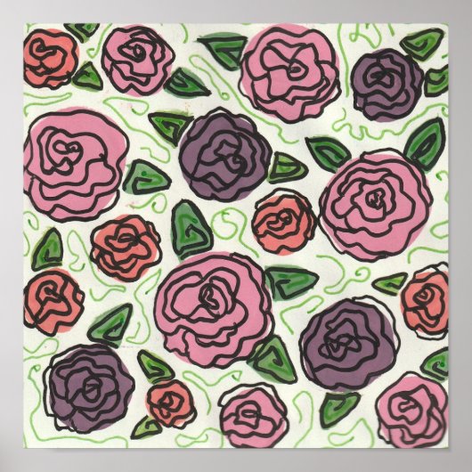 赤シンプルと紫のバラのスケッチ ポスター (正面)