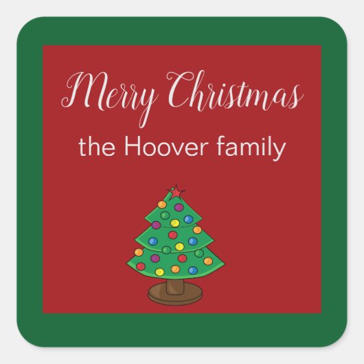 赤シンプルと緑のメリークリスマスツリーラベル スクエアシール (正面)