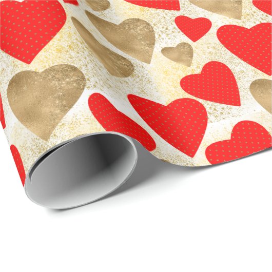 赤シンプルと金ゴールドのハートパターフェイクングリッター ラッピングペーパー (ロールコーナー)