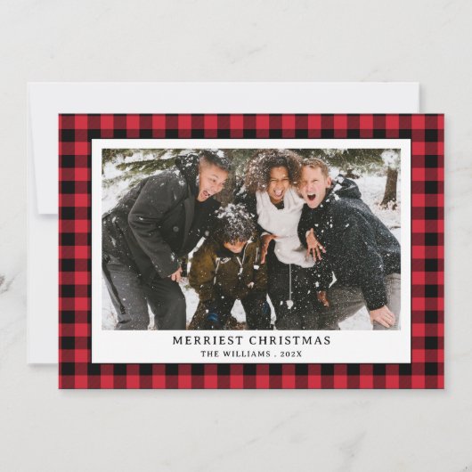 赤シンプルと黒のバッファローの格子写真クリスマス シーズンカード (正面)