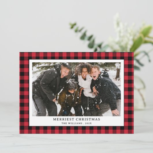 赤シンプルと黒のバッファローの格子写真クリスマス シーズンカード (スタンド正面)