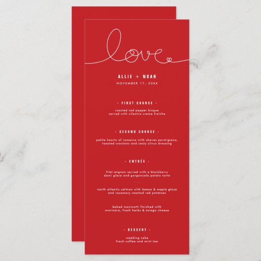 赤シンプルミニマリストのハートのループ結婚ラブ メニュー (正面/裏面)
