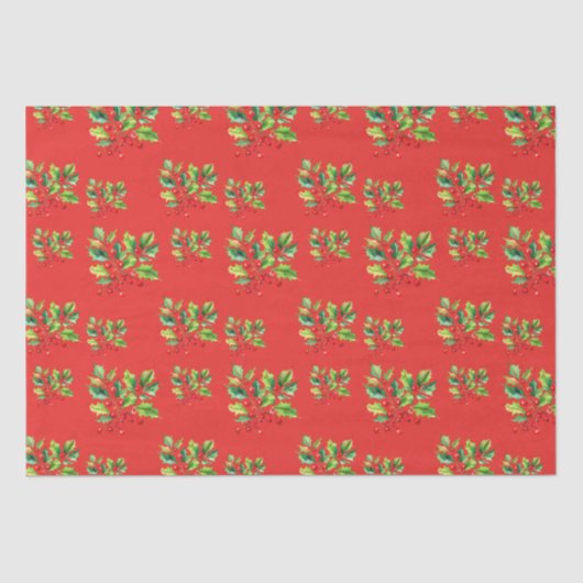 赤シンプル水カラーホリーベリークリスマスパターン 薄葉紙 (正面)