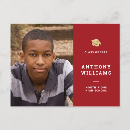 赤シンプル白の写真モダン卒業 ポストカード (正面)