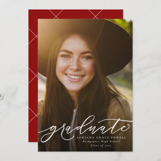 赤シンプル等卒業 案内状 (正面/裏面)