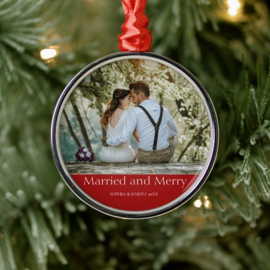 赤シンプル結婚したと新メリー婚 メタルオーナメント (ツリー)