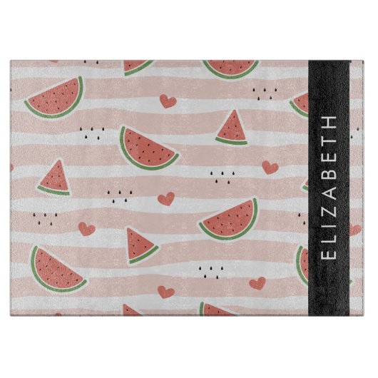 赤スイカ、ハート、ストライプお名前 カッティングボード (正面)