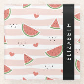 赤スイカ、ハート、ストライプお名前 ガラスコースター (正面)