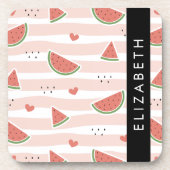 赤スイカ、ハート、ストライプお名前 コースター (正面)