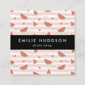 赤スイカ、ハート、ストライプお名前 スクエア名刺 (正面)