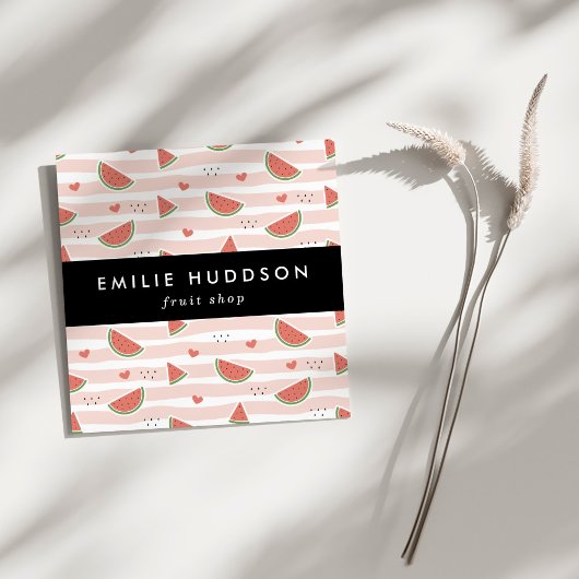 赤スイカ、ハート、ストライプお名前 スクエア名刺