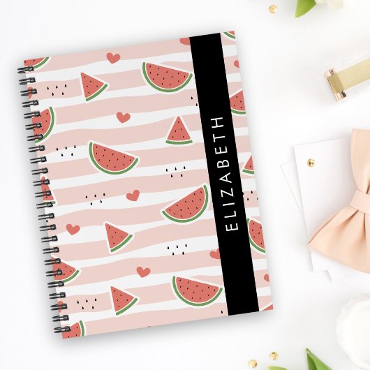 赤スイカ、ハート、ストライプお名前 ノートブック