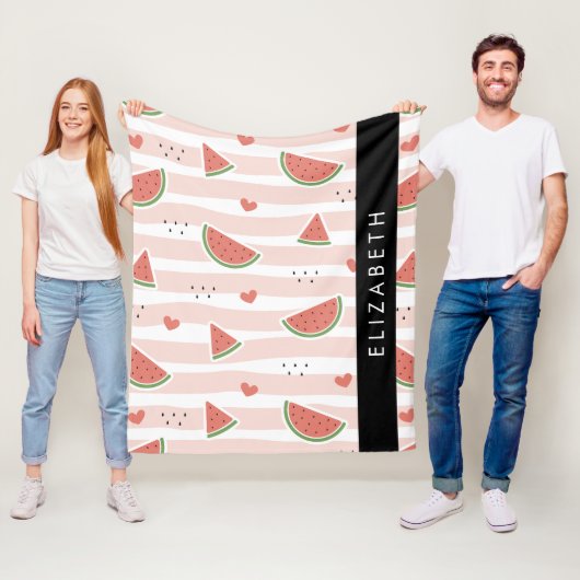 赤スイカ、ハート、ストライプお名前 フリースブランケット (インサイチュ)