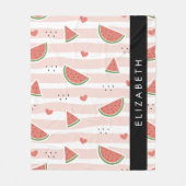 赤スイカ、ハート、ストライプお名前 フリースブランケット (正面)