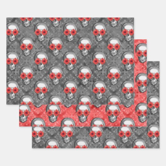 赤スカルひまわりシリーズデザイン3 ラッピングペーパーシート (セット)