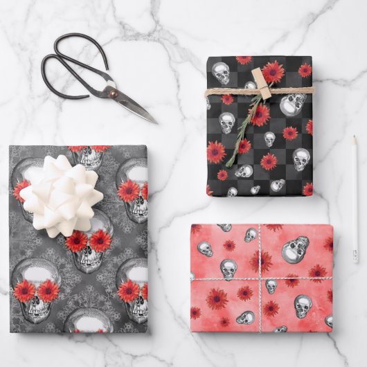 赤スカルひまわりシリーズデザイン3 ラッピングペーパーシート (正面)