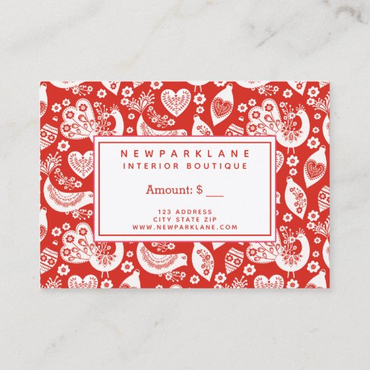 赤スカンジナビアのクリスマスプリントギフト証明書 名刺 (裏面)