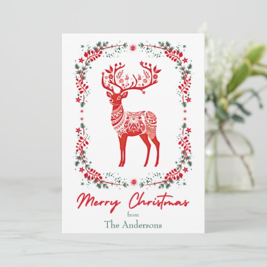 赤スカンジナビアのトナカイエレガントクリスマス シーズンカード (スタンド正面)