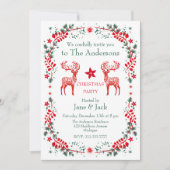 赤スカンジナビアのトナカイフローラクリスマスパーティー 招待状 (正面)