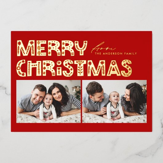 赤スカンジナビア2枚の写真クリスマス 箔シーズンカード (正面)