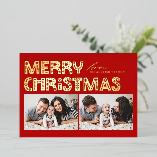 赤スカンジナビア2枚の写真クリスマス 箔シーズンカード (立ち正面)