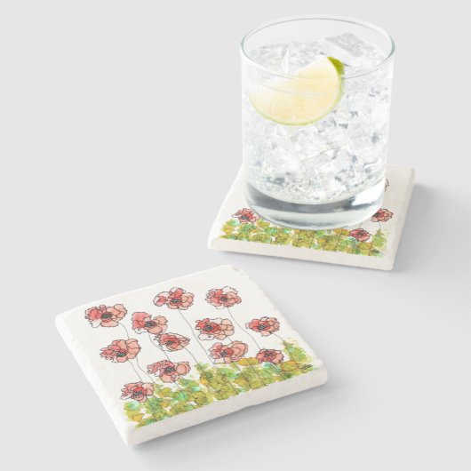 赤スタイリッシュいお洒落ケシの花コースター ストーンコースター (横)