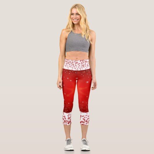 赤スタイリッシュいクリスマスの雪の結晶ホワイトコンフィカッコいい カプリレギンス (正面)