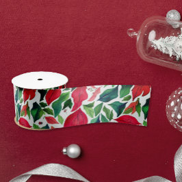 赤スタイリッシュと緑の葉クリスマスの水の色 サテンリボン