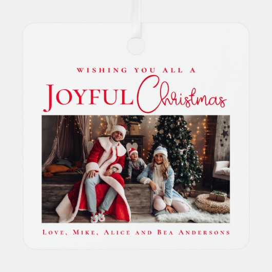 赤スタイリッシュエレガントメリーのクリスマス家族の写真 メタルオーナメント (正面)