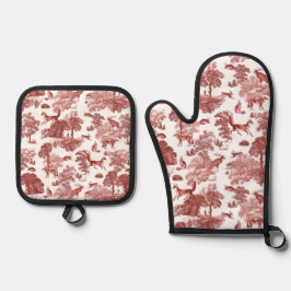赤スタイリッシュフランスのエレガントトワールキツネウサギ 鍋つかみ&鍋敷きセット