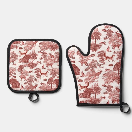 赤スタイリッシュフランスのエレガントトワールキツネウサギ 鍋つかみ&鍋敷きセット (正面)