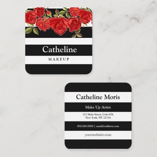 赤スタイリッシュフローラ白黒ストライプメイク スクエア名刺 (正面/裏面)