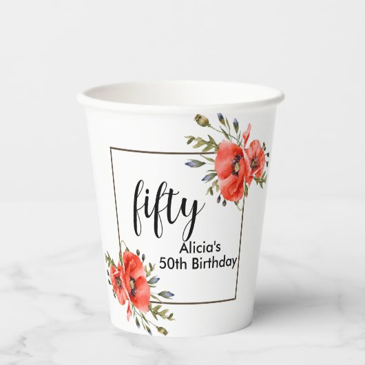 赤スタイリッシュポピーフローラ50誕生日 紙コップ (正面)