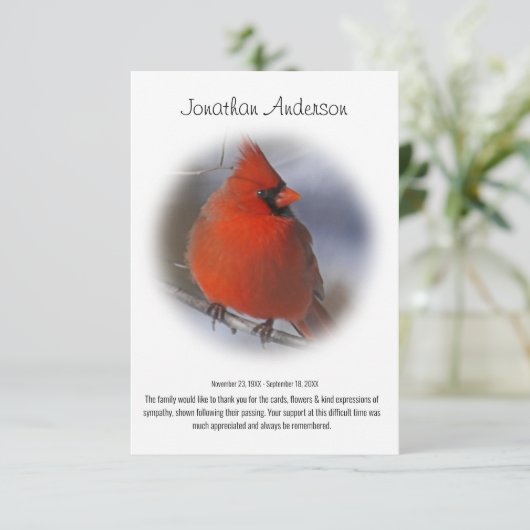 赤スタイリッシュミニマル(鳥)ショウジョウコウカンチョウ葬儀 サンキューカード (スタンド正面)