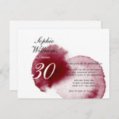 赤スタイリッシュワインスピルモダン秋30誕生日 インビテーションポストカード (正面/裏面)