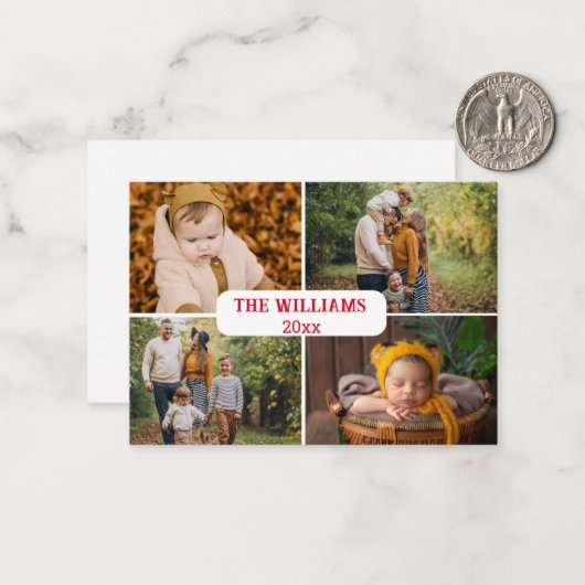 赤スタイリッシュ文字4枚の写真ホリデーコラージュ ノートカード (正面/裏面インサイチュ)