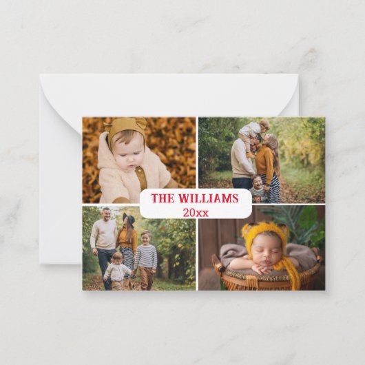 赤スタイリッシュ文字4枚の写真ホリデーコラージュ ノートカード (正面)