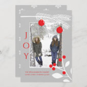 赤スタイリッシュ果実のクリスマスフォトカードで喜び シーズンカード (正面/裏面)