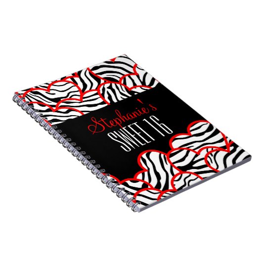 赤スタイリッシュ甘16ゼブラハートデザイン名 ノートブック (右側)